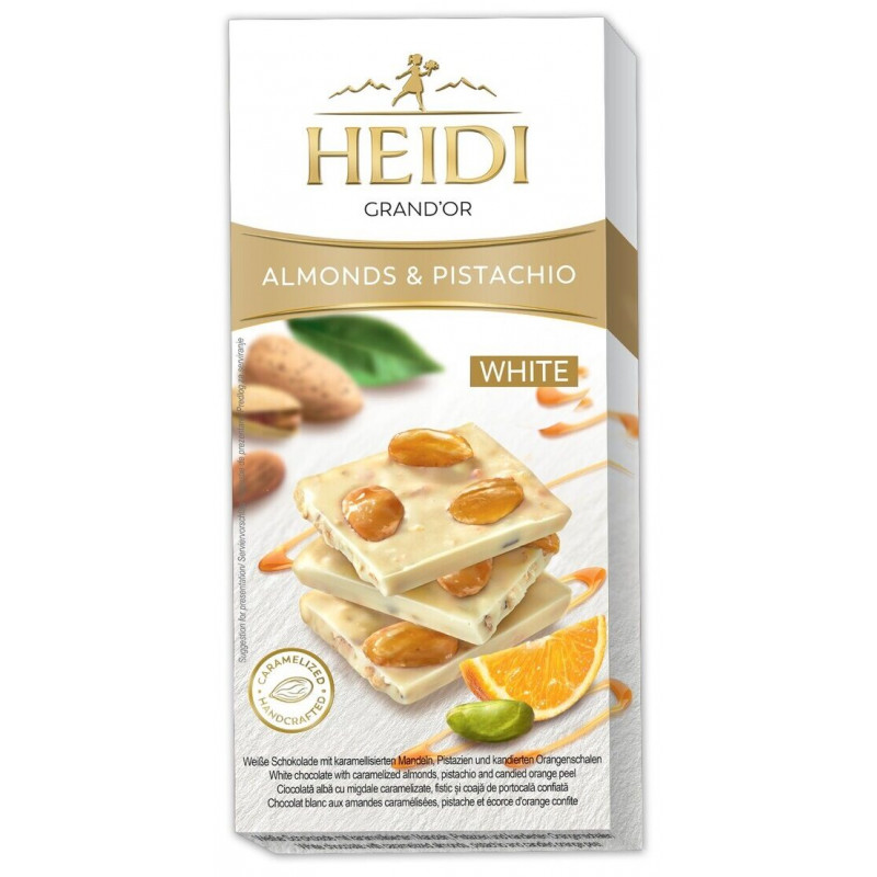 HEIDI baltā šokolāde ar veselām karamelizētām mandelēm, cukurotu apelsīna miziņu un pistācijām 100g