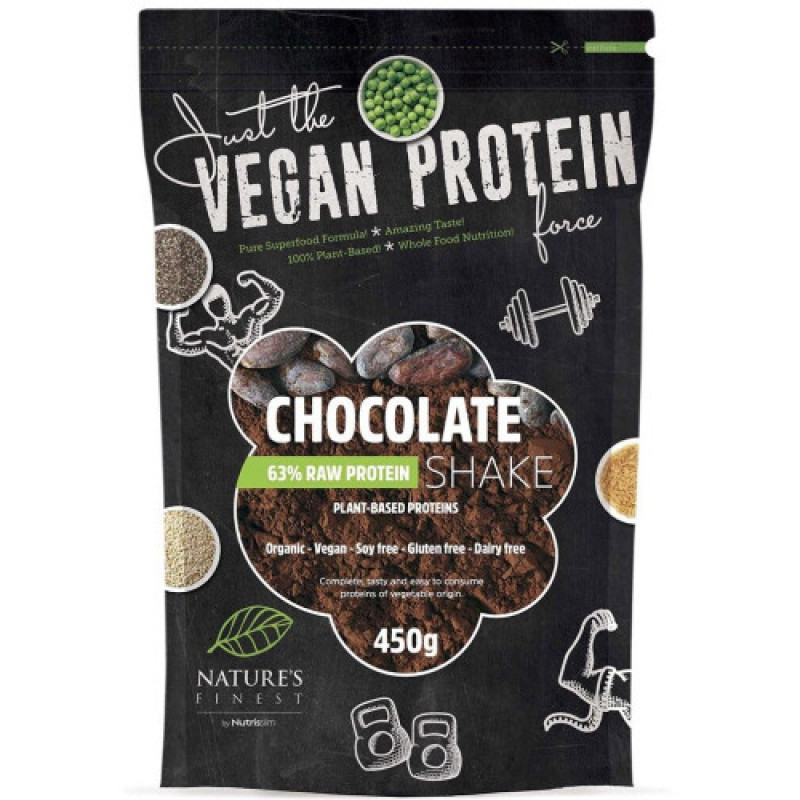 Nature's Finest BIO Chocolate 63% Protein Shake. Izcilas garšas, dabisks, čia, zirņu, rīsu un kvinojas proteīnu kokteilis. 450g