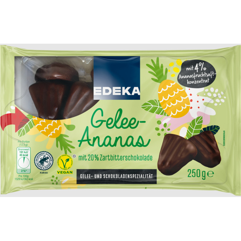 Edeka želejveida ananāsu stūrīši šokolādē 250g 30/06/2023