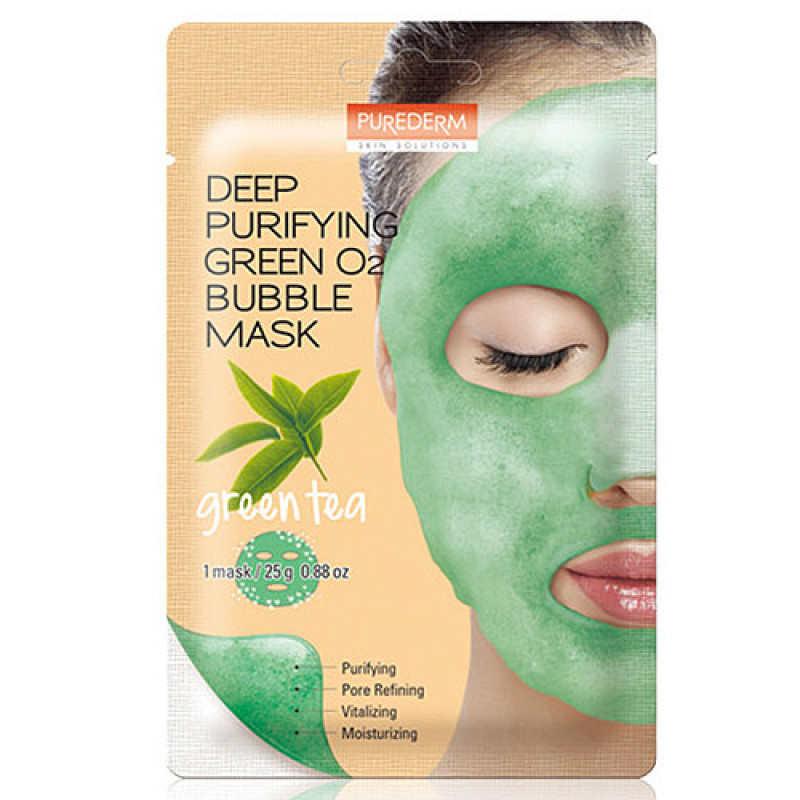 Purederm Deep Purifying Green O2 Bubble Mask, dziļi attīroša putojoša sejas maska 25g, ar zaļo tēju